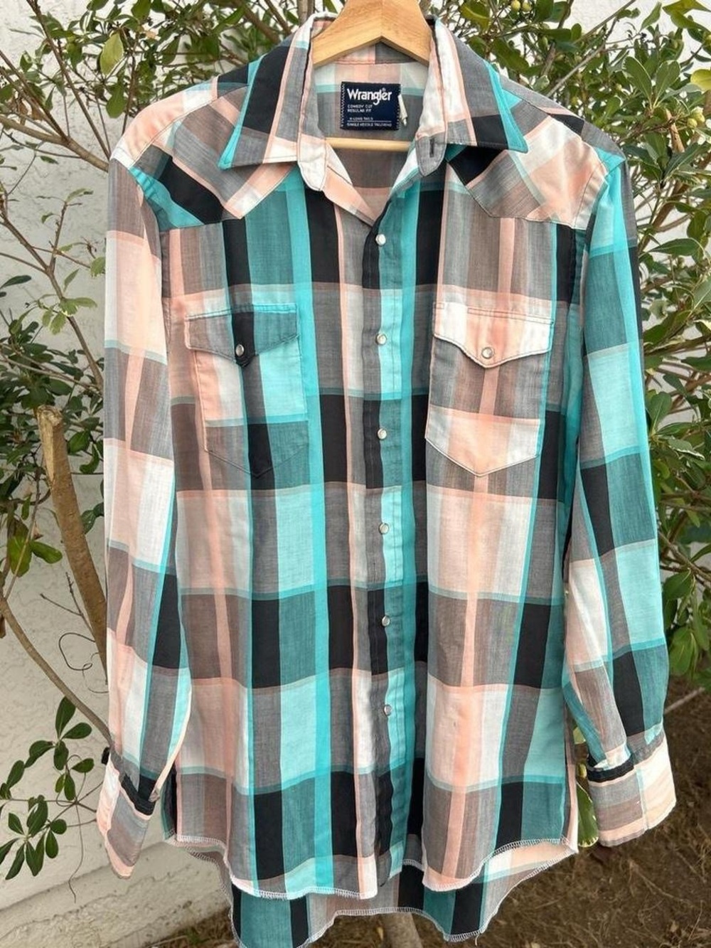 Vintage 1990s Wrangler Cowboy Cut Plaid Pearl Snap Western Shirt M USA